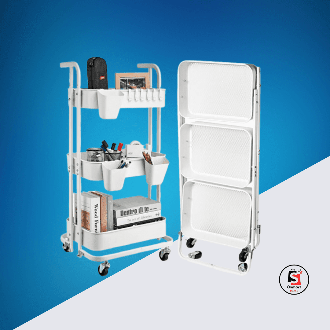 White rolling cart with shelves and storage bins, shown standing and folded, on a blue background.