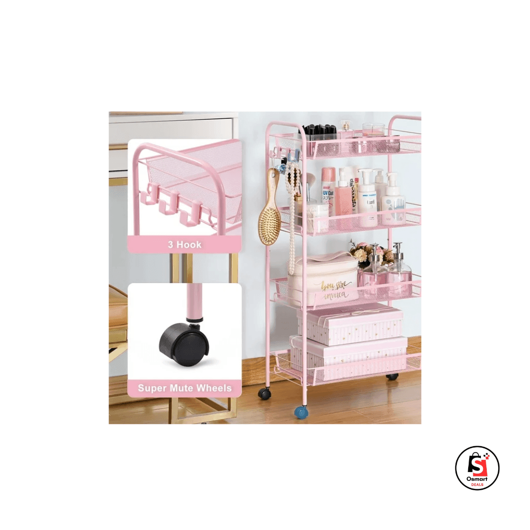 4-Tier Metal Utility Cart with wheels for Office and Home, Pink