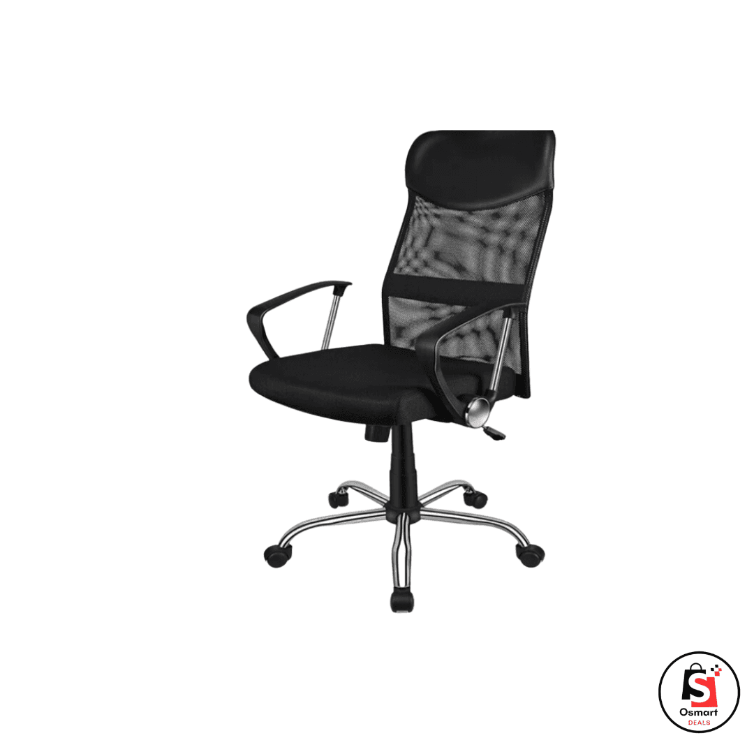 Black ergonomic office chair with mesh backrest and adjustable armrests on a chrome base with wheels.