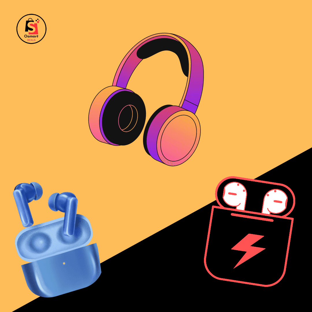 Colorful illustration of headphones and two types of wireless earbuds on a split yellow and black background.