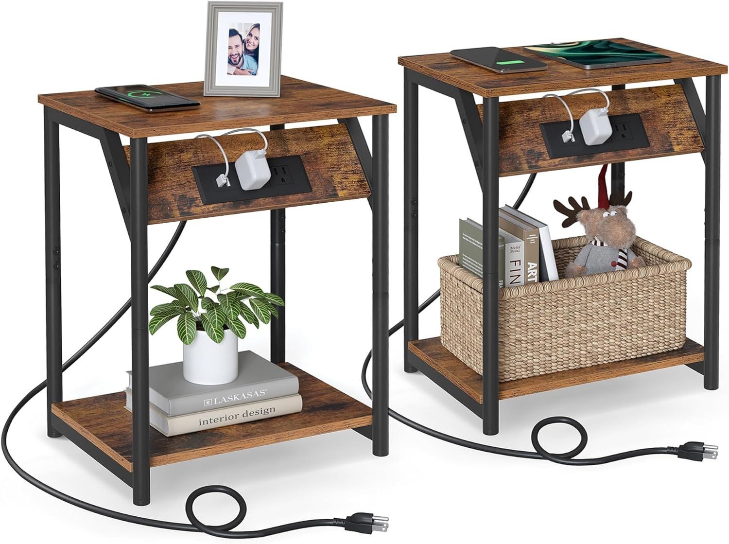 Side Tables with Charging Station, Set of 2 End Tables with USB Ports and Outlets, Rustic Brown and Black 