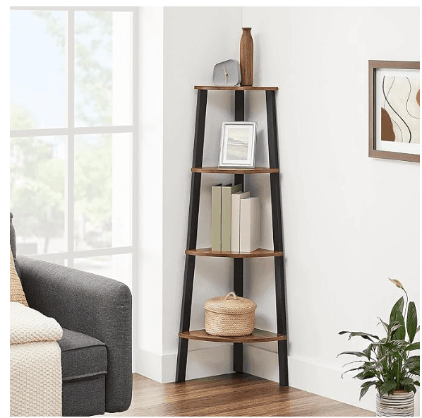 Corner Shelf, 4-Tier Corner Bookshelf, Storage Shelving Unit, Plant Stand for Living Room, Industrial Accent Furniture with Steel Frame, Rustic Brown and Black