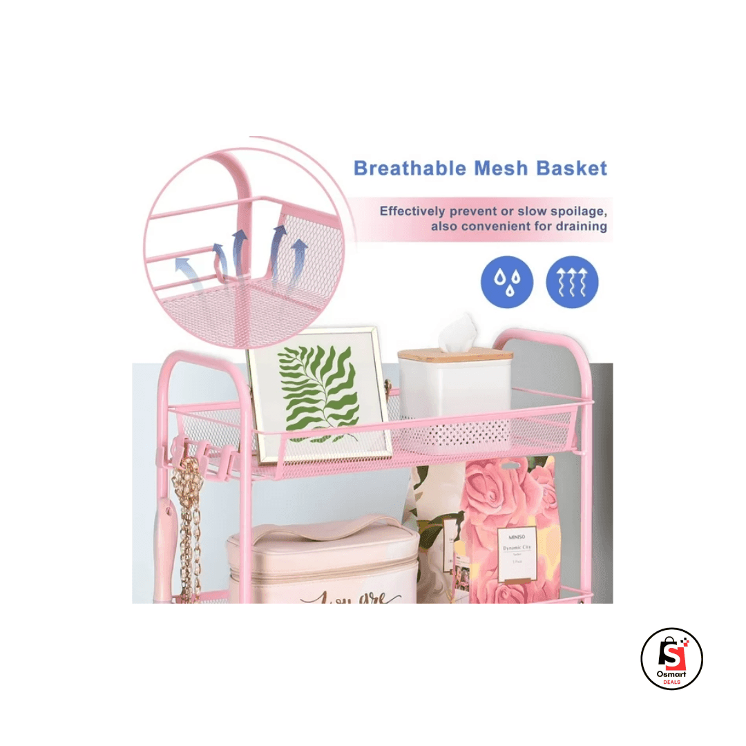 4-Tier Metal Utility Cart with wheels for Office and Home, Pink
