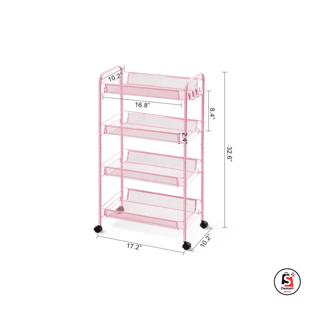 4-Tier Metal Utility Cart with wheels for Office and Home, Pink