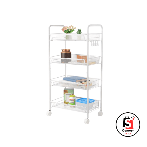 4-Tier Kitchen Rolling Utility Cart, Mesh Wire Storage Cart Slim Slide Out Tower Rack Shelf Serving Cart, White